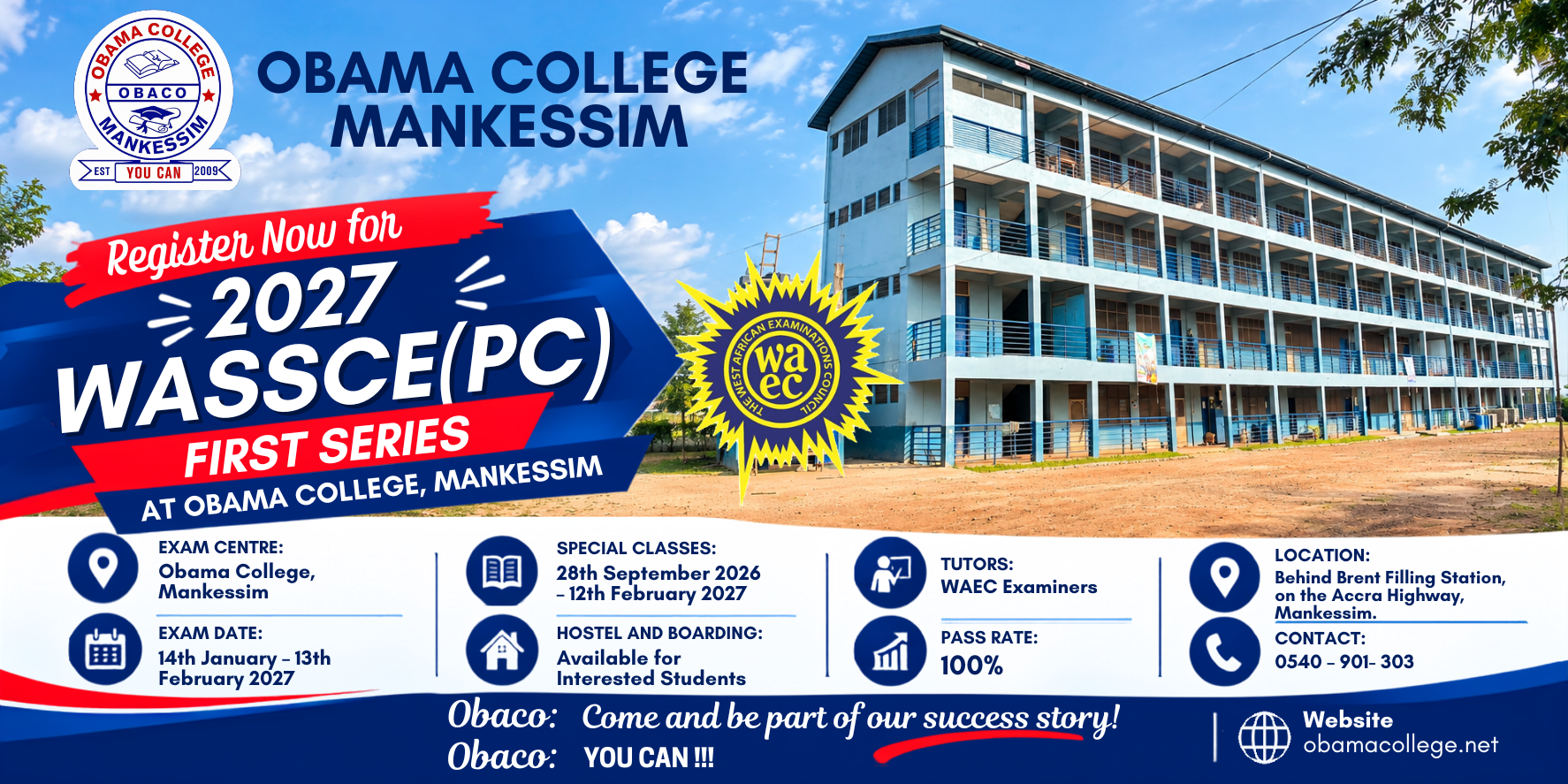 Register Now for 2027 WASSCE (PC) First Series at Obama College, Mankessim